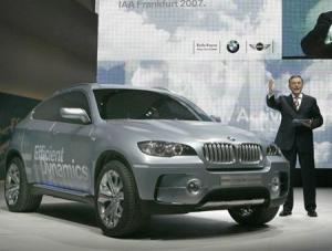 Norbert Reithofer, CEO of German carmaker BMW presents the company's new X6 ActiveHybrid concept car during the international car show IAA in Frankfurt September 11, 2007. The world's biggest car show will be open to the public from September 13 to 23. REUTERS/Alex Grimm (GERMANY)